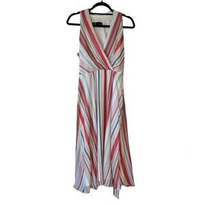 Leslie Fay Women's V Neck Multi Color Striped Midi Dress Size 6